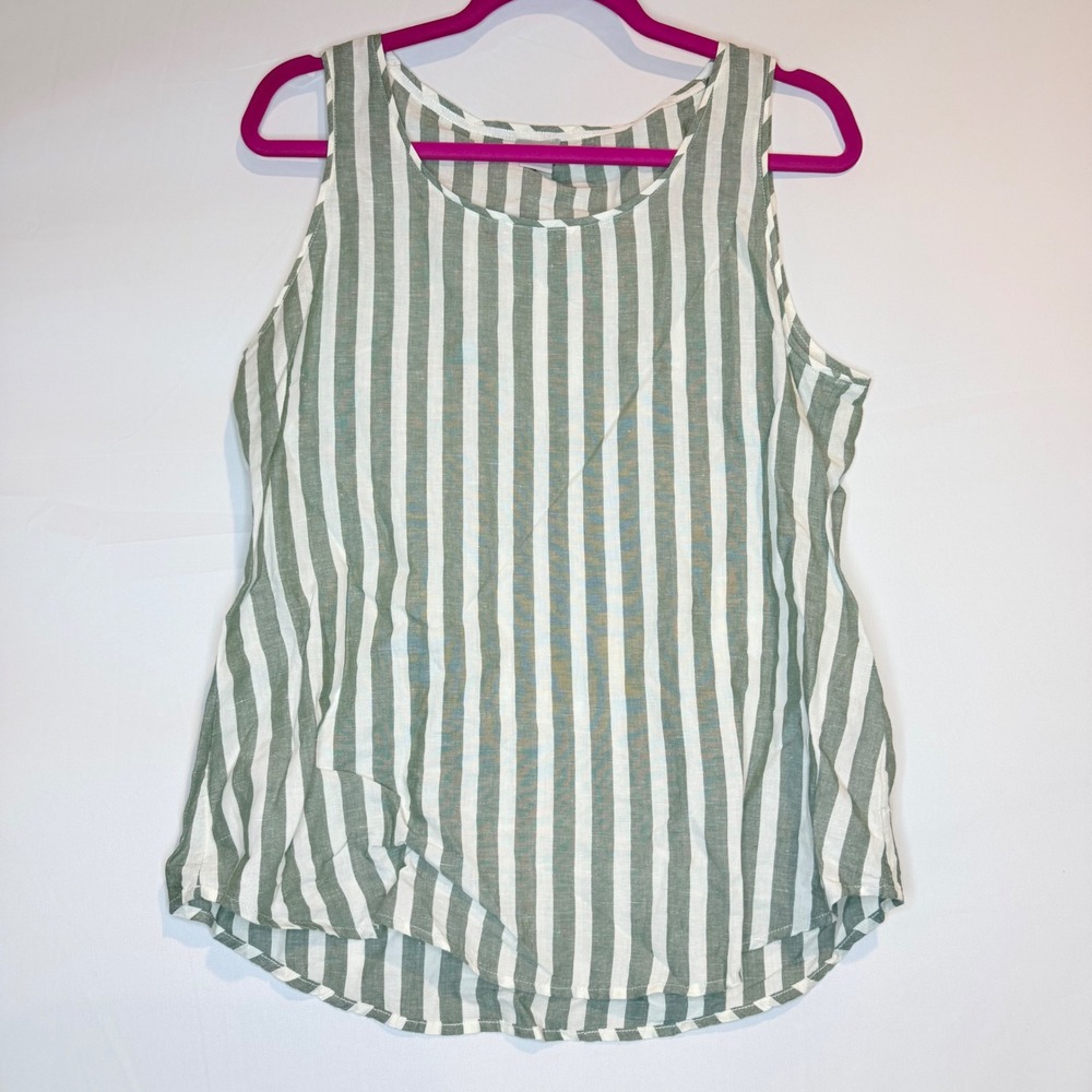 Chico's Women Sage Green White Striped Linen Blend Sleeveless Tank Top Size 1 M